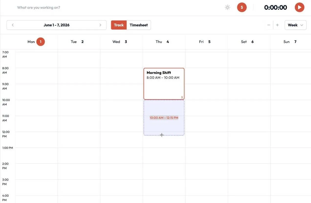 Calendar view showing drag and drop time entry with morning shift, lunch break, and afternoon hours