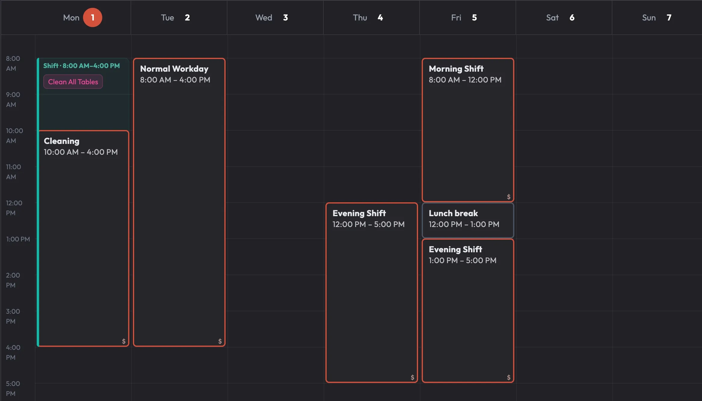 Dark mode weekly calendar view with shifts and time entries across multiple days