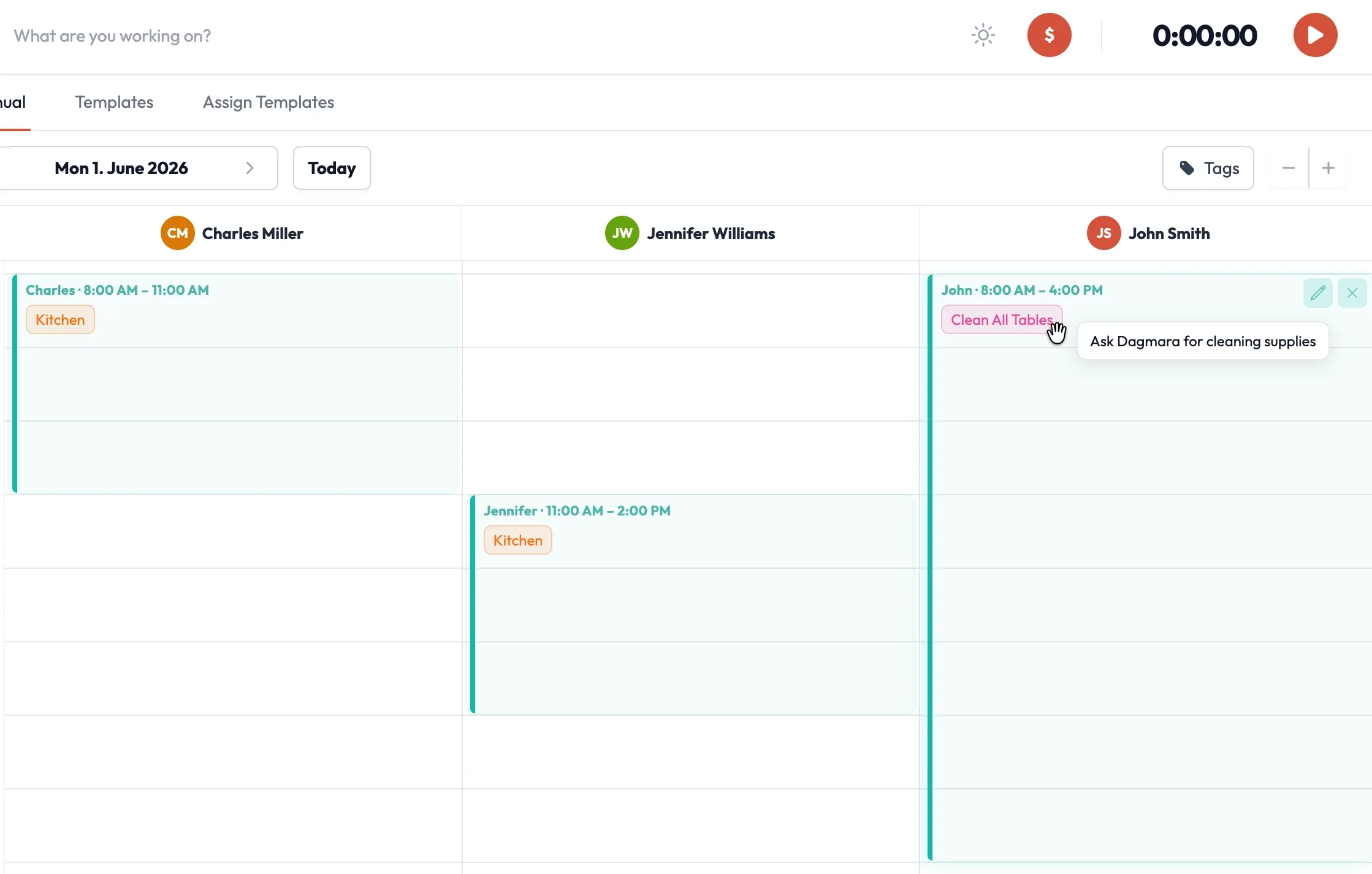 Shift planning view showing team members with assigned shifts, kitchen tags, and task instructions